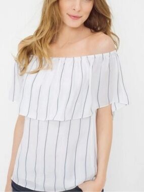 White House Black Market Maya Blue White Striped Off Shoulder Top M